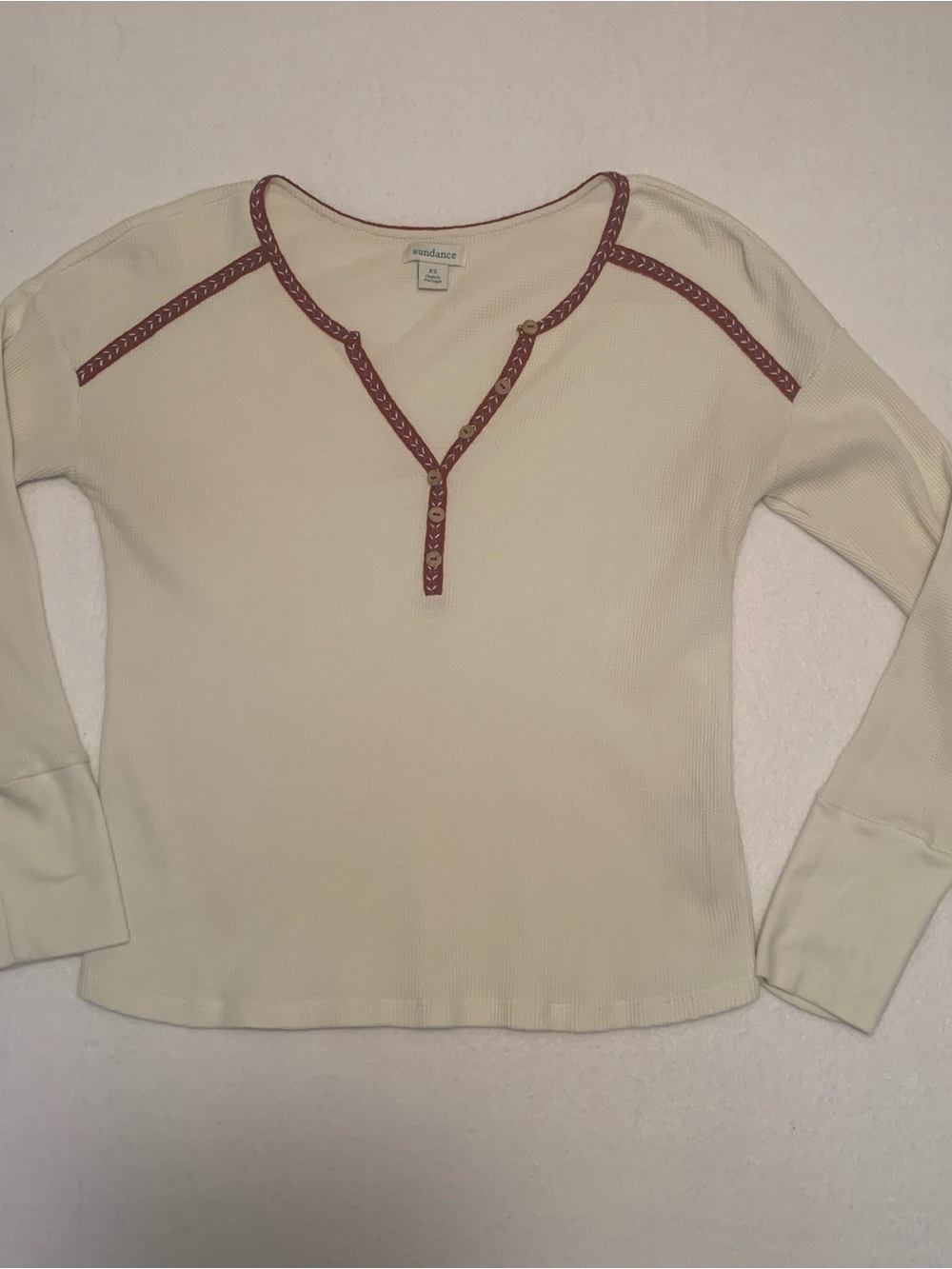 Sundance waffle knit Henley thermal Top Ladies Size XS Embroidered
